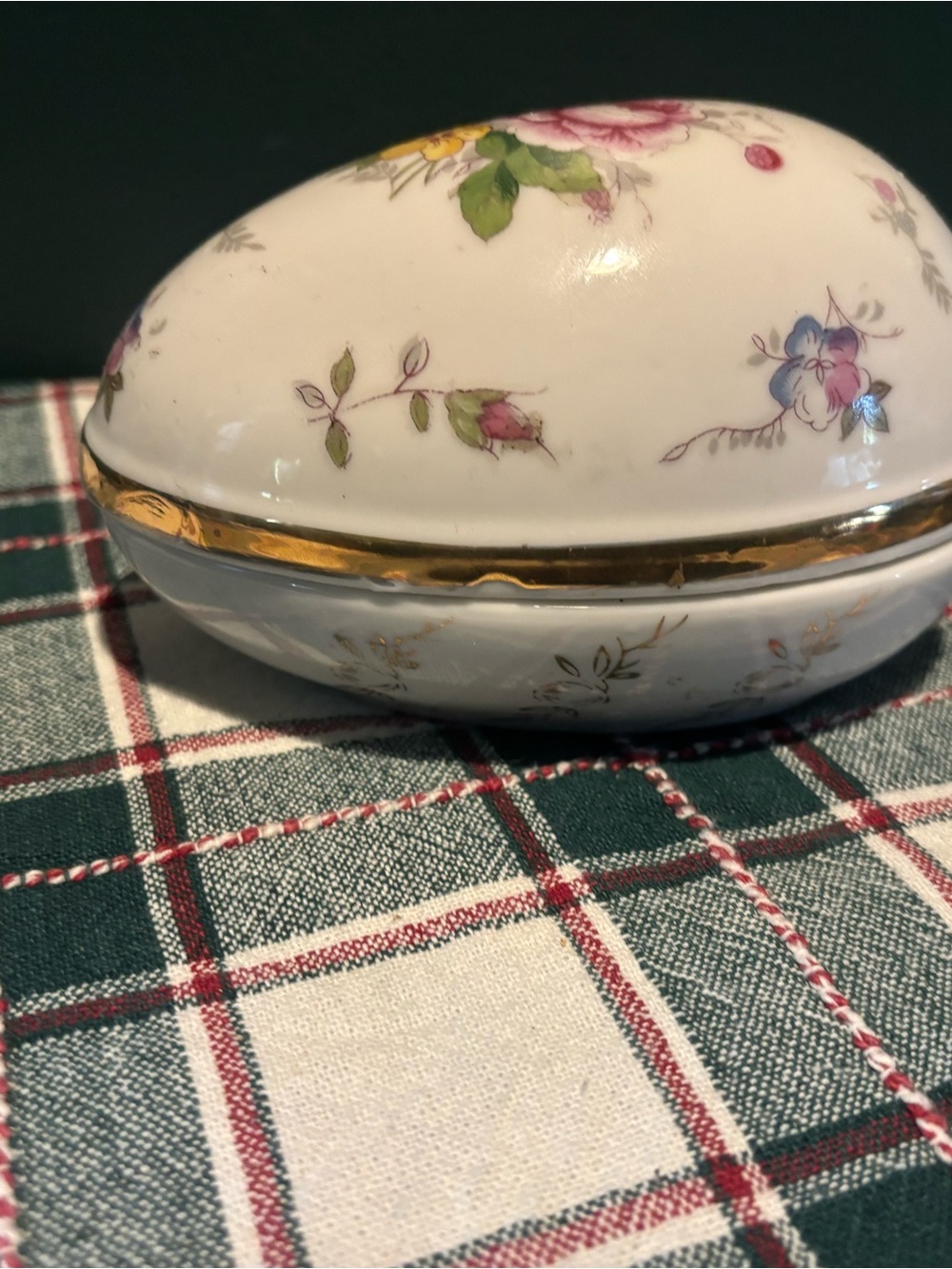 Vintage Porcelain Floral Egg Trinket Box with Gold Trim